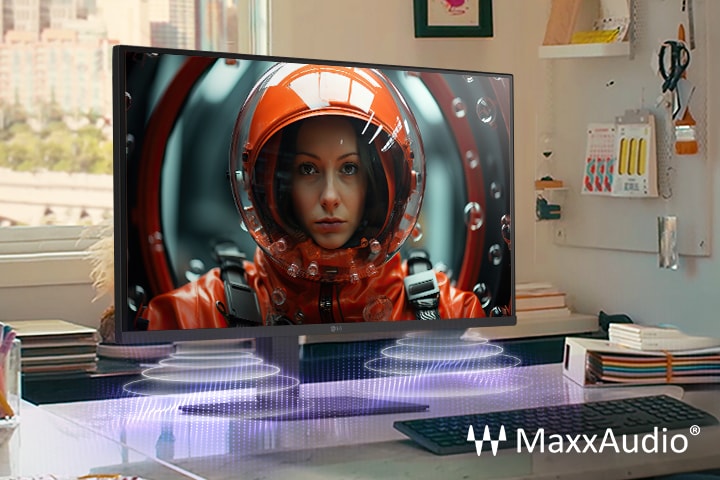 En skrivbordskonfiguration med en LG-skärm som visar en kvinna i en rymddräkt, förbättrad med MaxxAudio visuella effekter som tyder på inbyggd högtalarljudprojektion.